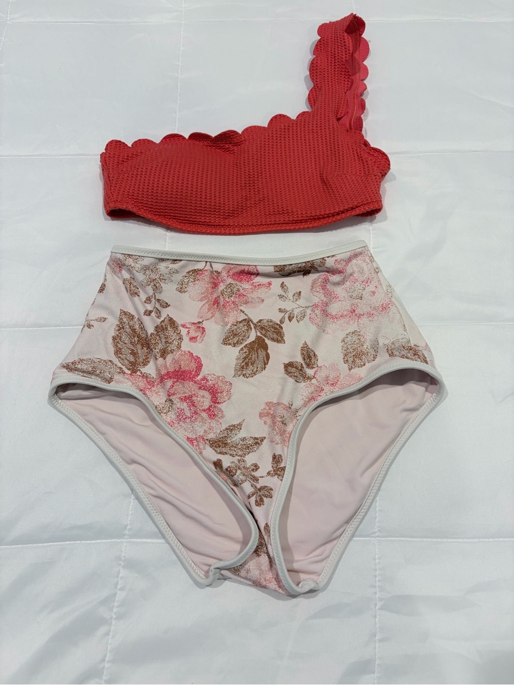Scalloped One-Shoulder Bikini Top & Floral High-Waist Bottoms - Coral & Blush